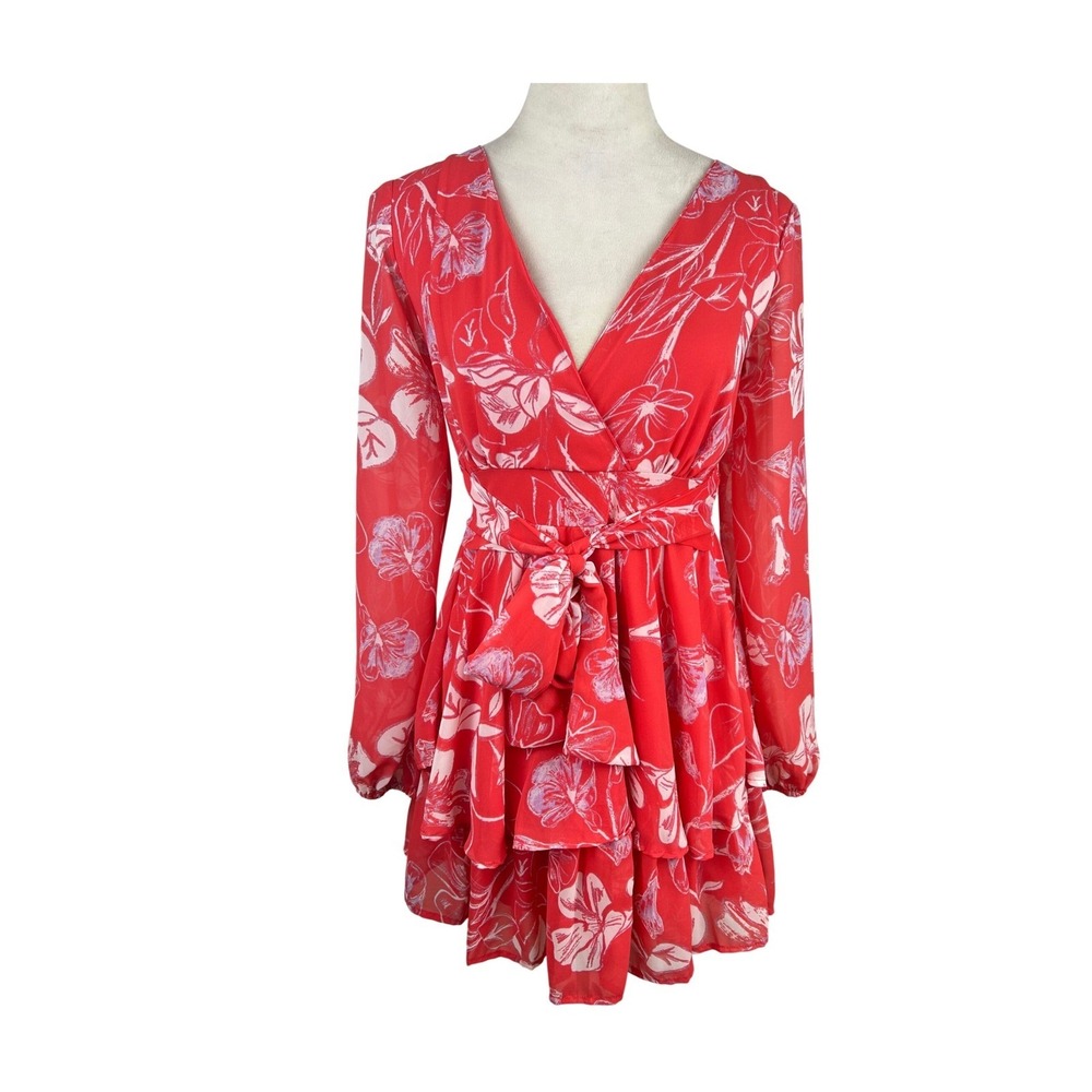Japna Red Floral V-Neck Tiered Ruffle Mini Dress Long Sleeve XS